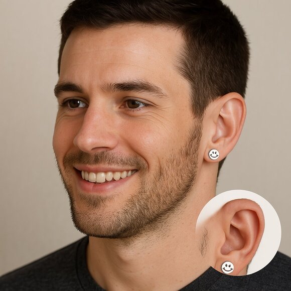 Smiley Face Stud Earrings Round Silver Tone One Size New - Picture 2 of 11